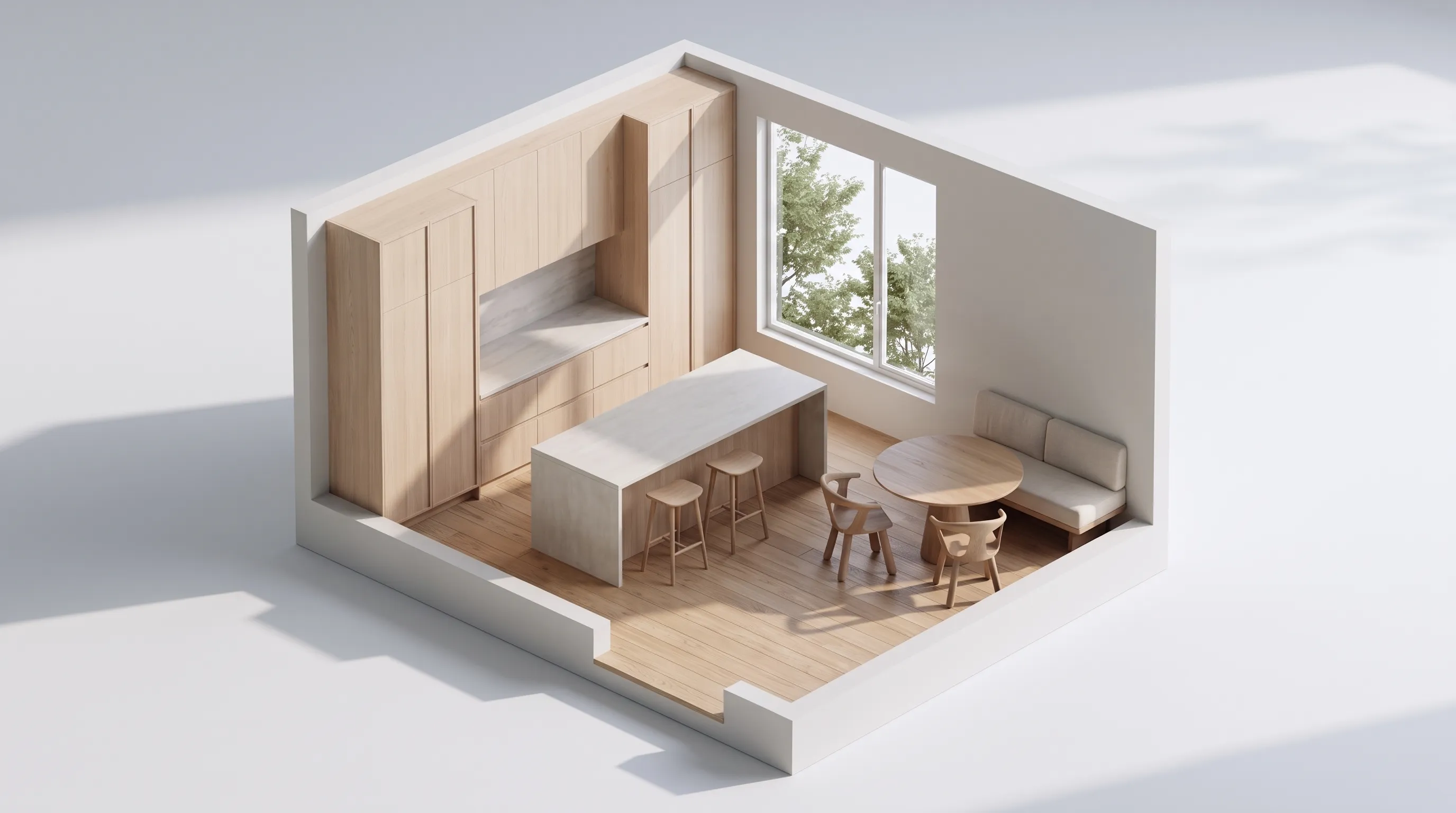 The same room as an empty pale oak architectural model.