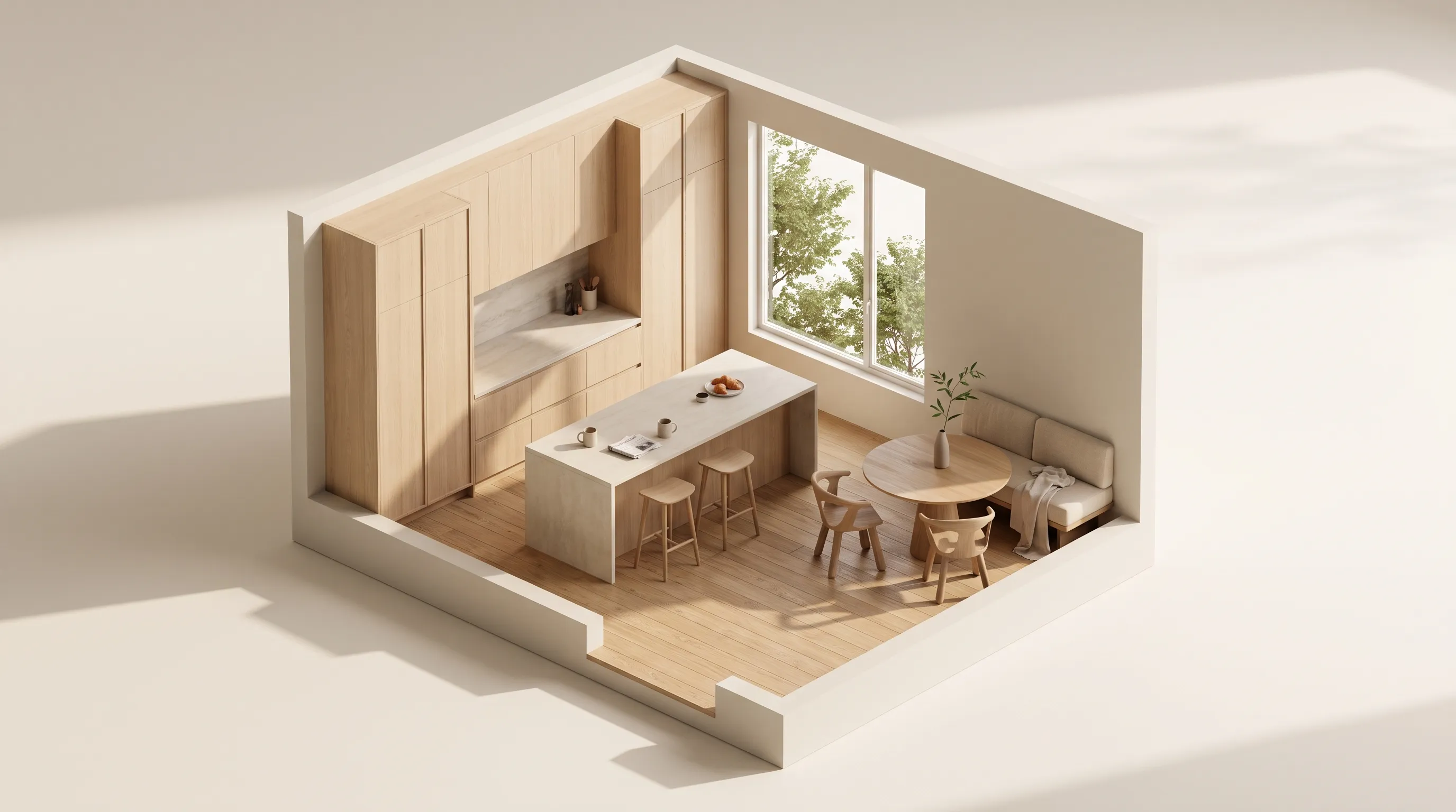The kitchen comes to life with sunlight, morning coffee and breakfast at the island.